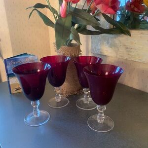 Home Essentials RUBY RED/PLUM hand blown glass Wine/Water goblets. BEAUTIFUL!
